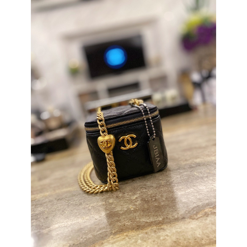 Ch*el quilted caviar mini vanity case gold hardware black