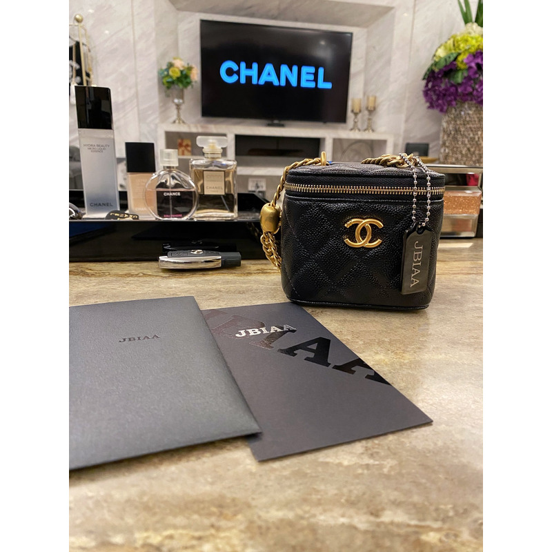Ch*el quilted caviar mini vanity case gold hardware black