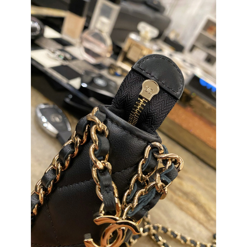 Ch*el small hobo chain shoulder bag calfskin black