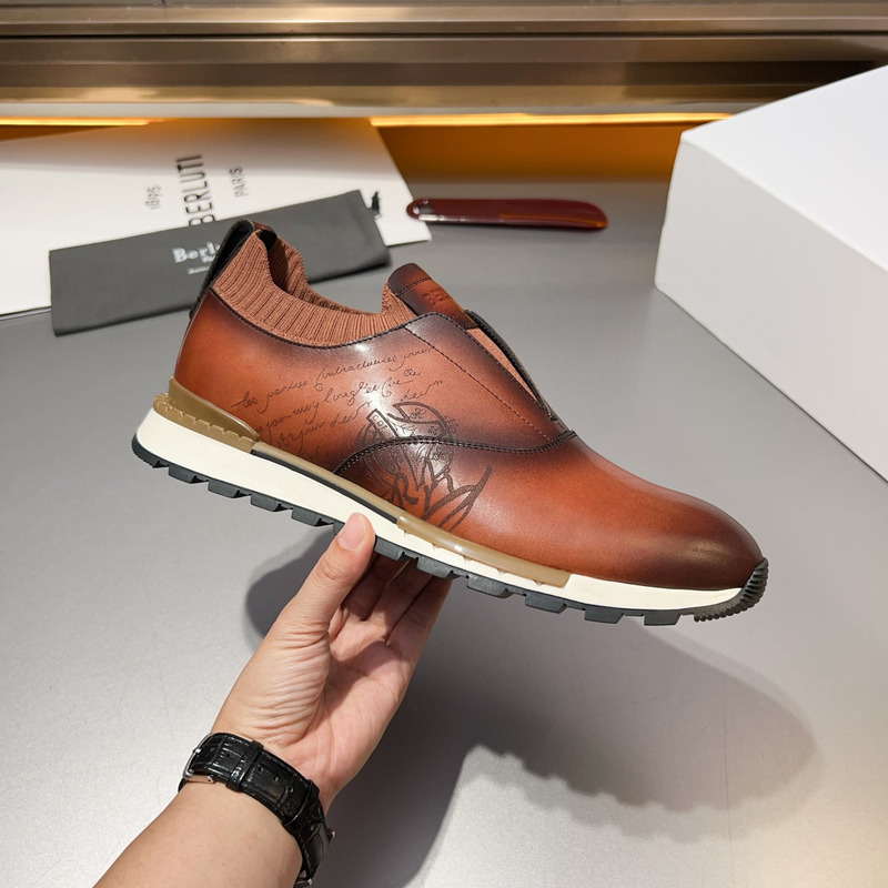 Berluti Fast Track Scritto Leather And Knit Slip-On Sneaker
