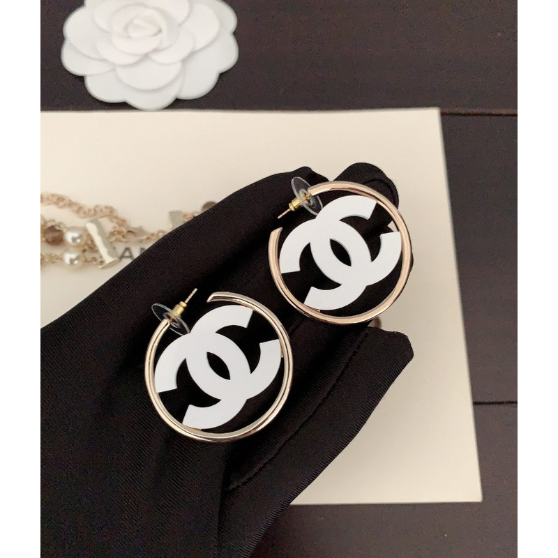 Ch*el cc hoop earrings white and gold