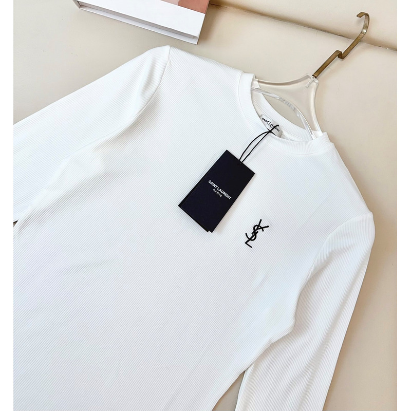 Saint Laurent Printed Logo Slim-Fit Long Sleeve T-shirt in Cotton White