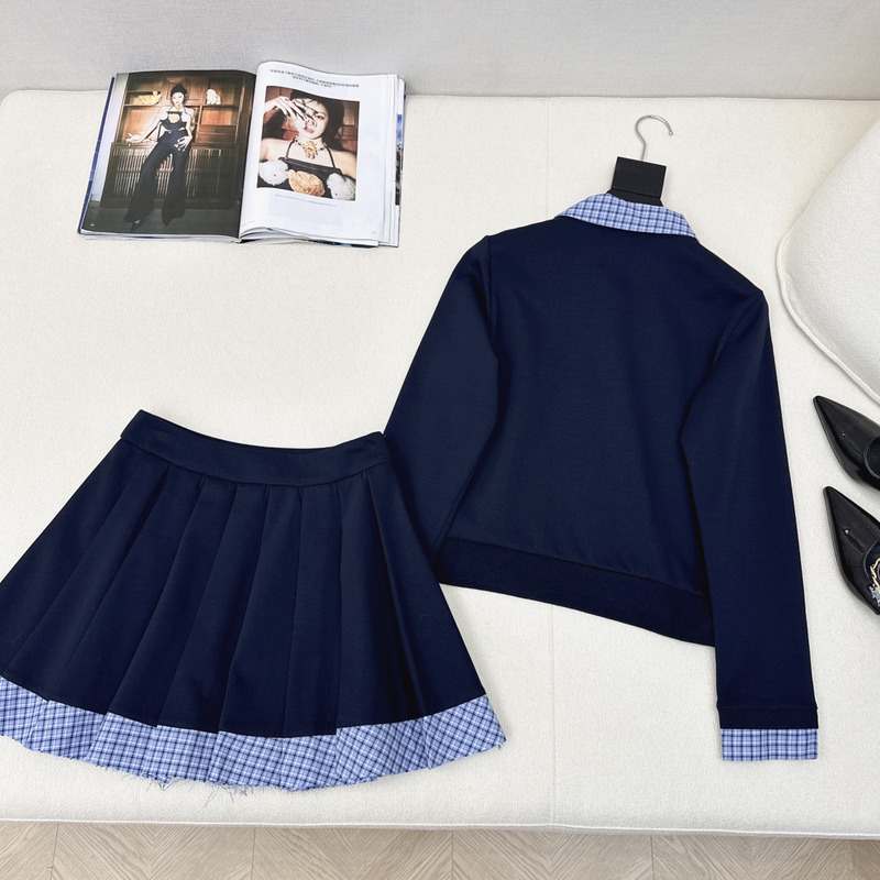Miu Miu Logo Long-Sleeved Polo Shirt And Pleated Skirt Suit Blue