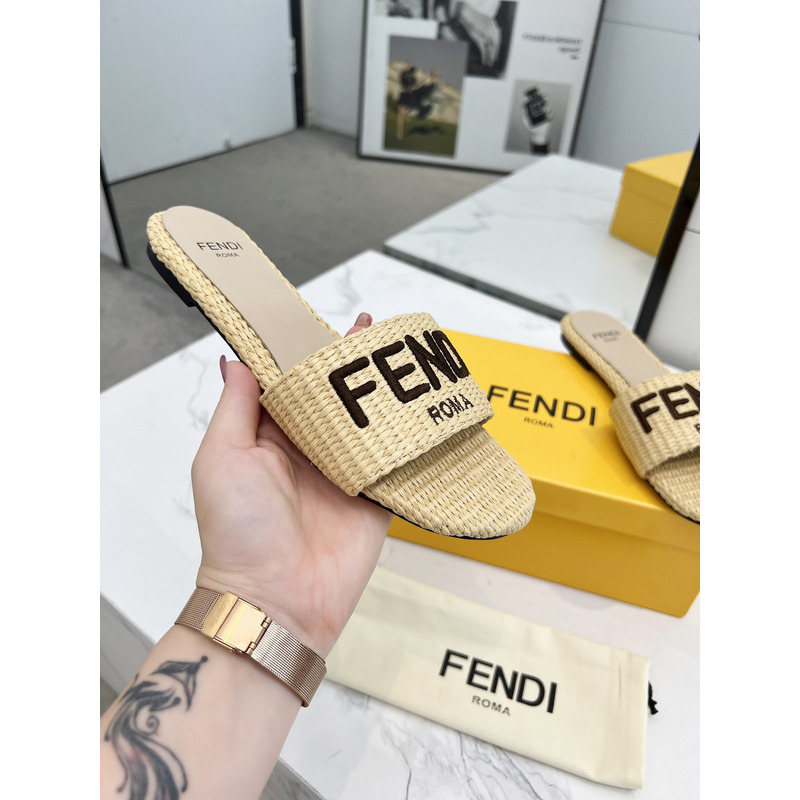F**di signature logo cotton fiber slide beige