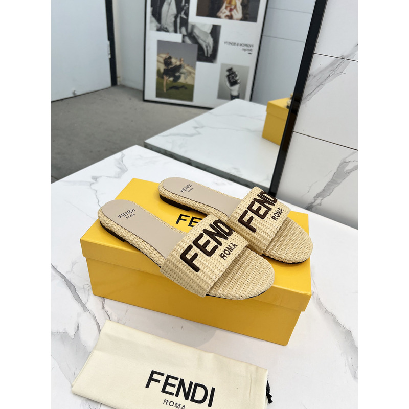 F**di signature logo cotton fiber slide beige