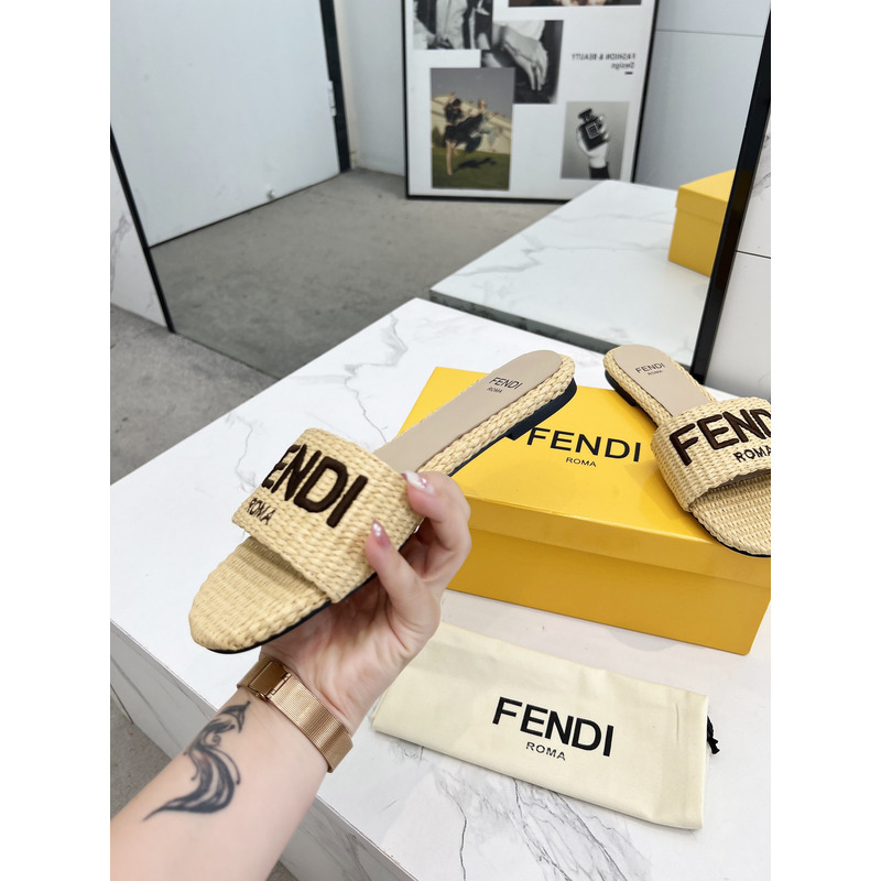 F**di signature logo cotton fiber slide beige