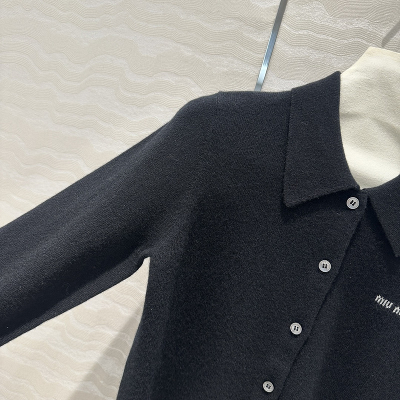 Miu Miu Logo Embroidered Long Sleeve Cashmere Cardigan Black