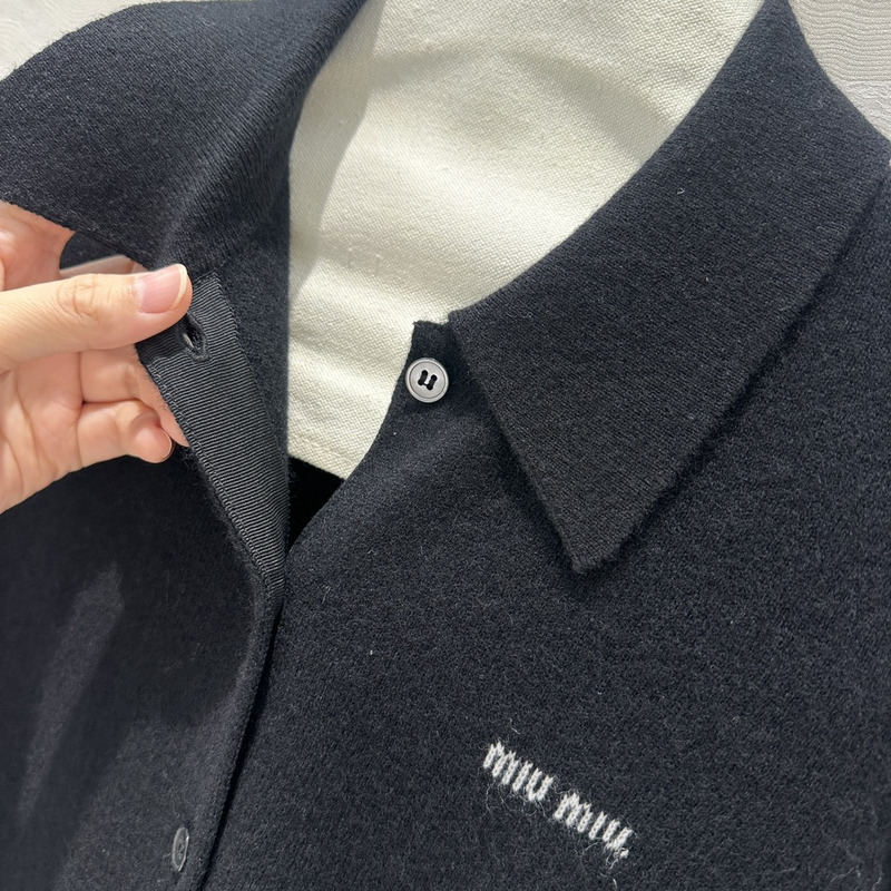 Miu Miu Logo Embroidered Long Sleeve Cashmere Cardigan Black