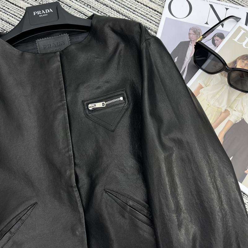 Pra*a collarless leather jacket black
