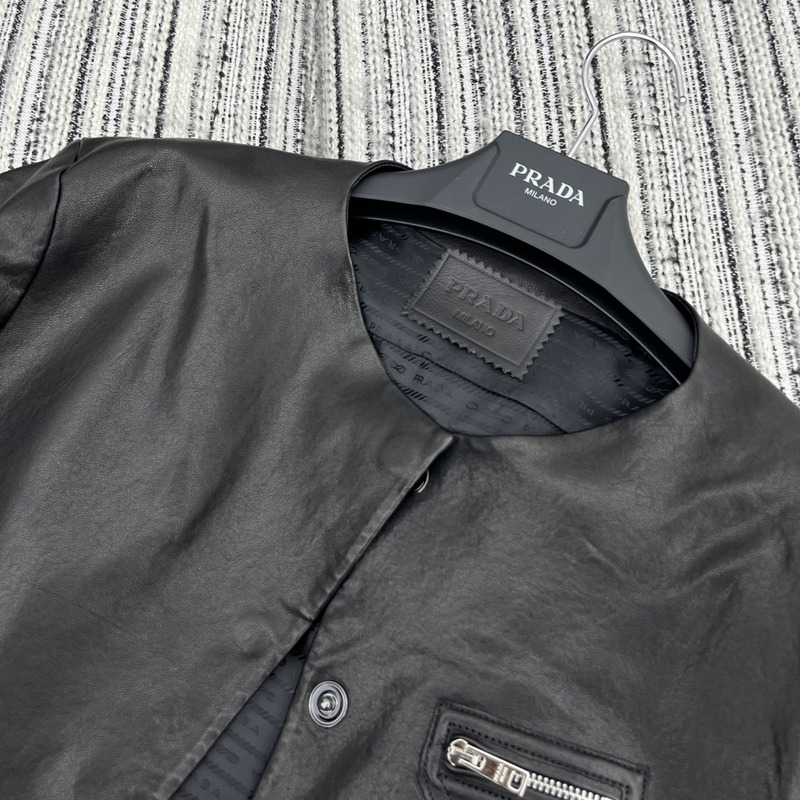 Pra*a collarless leather jacket black
