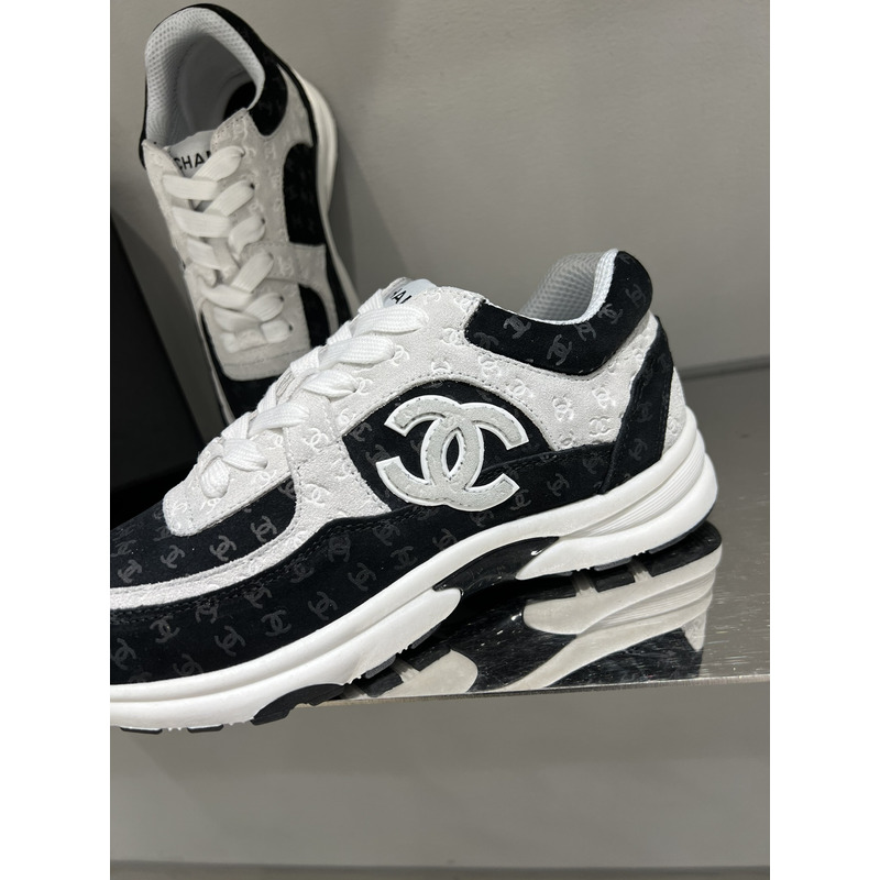 Ch*el  nylon suede calfskin printed cc sneakers white black