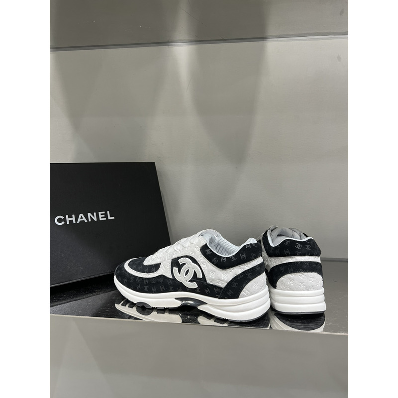 Ch*el  nylon suede calfskin printed cc sneakers white black