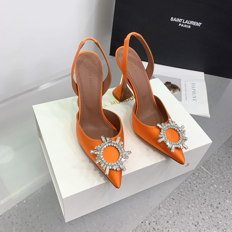 Amina Muaddi Begum Crystal Satin Slingback Pumps Orange