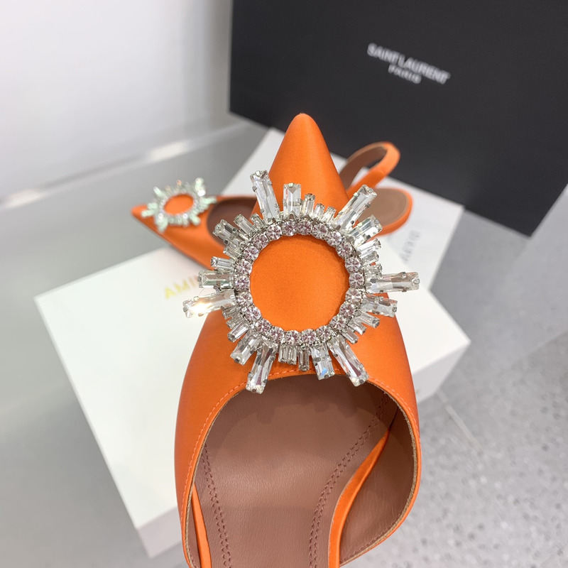 Amina Muaddi Begum Crystal Satin Slingback Pumps Orange