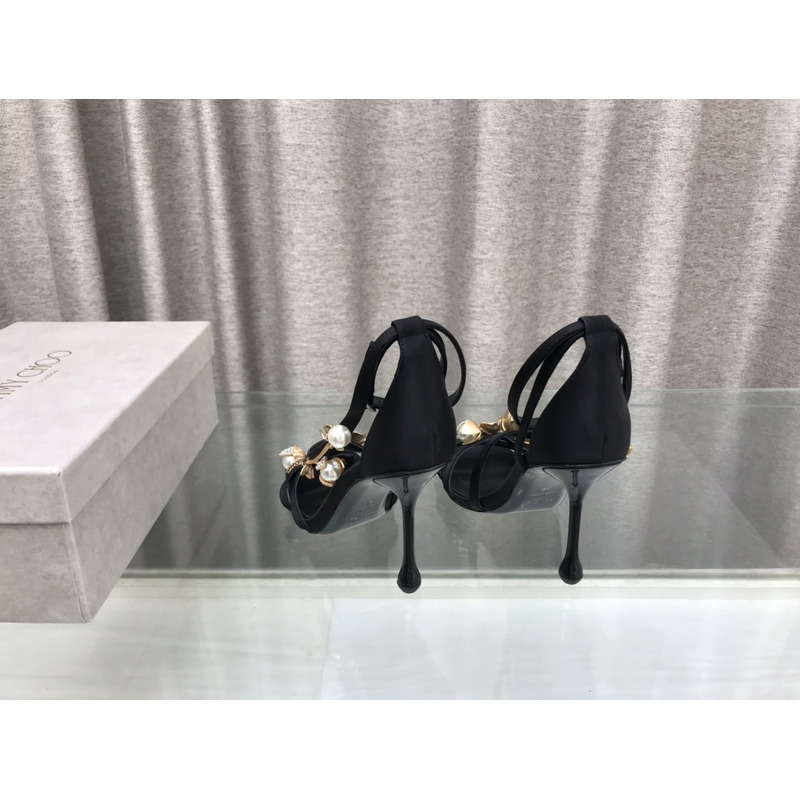 Jimmy Choo Zea 95 Black Satin Sandals with Metal Flowers