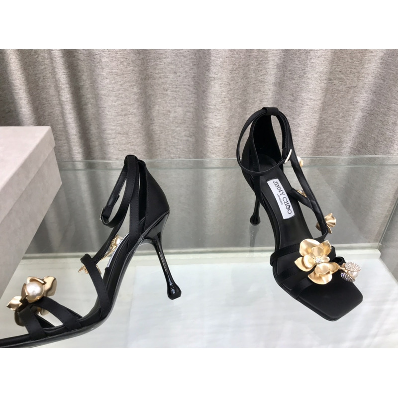 Jimmy Choo Zea 95 Black Satin Sandals with Metal Flowers