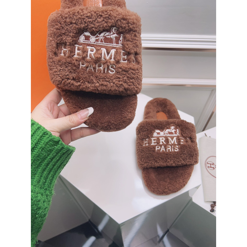 Hermès Logo Embroidered Fur Slippers Coffee