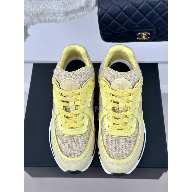Ch*el wool tweed calfskin & suede calfskin sneaker light yellow & yellow
