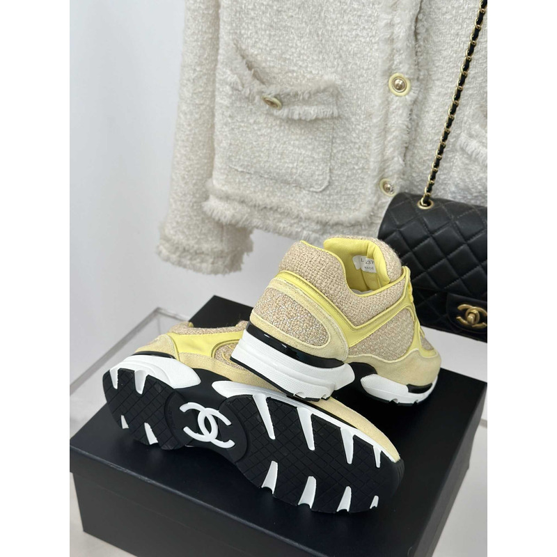 Ch*el wool tweed calfskin & suede calfskin sneaker light yellow & yellow