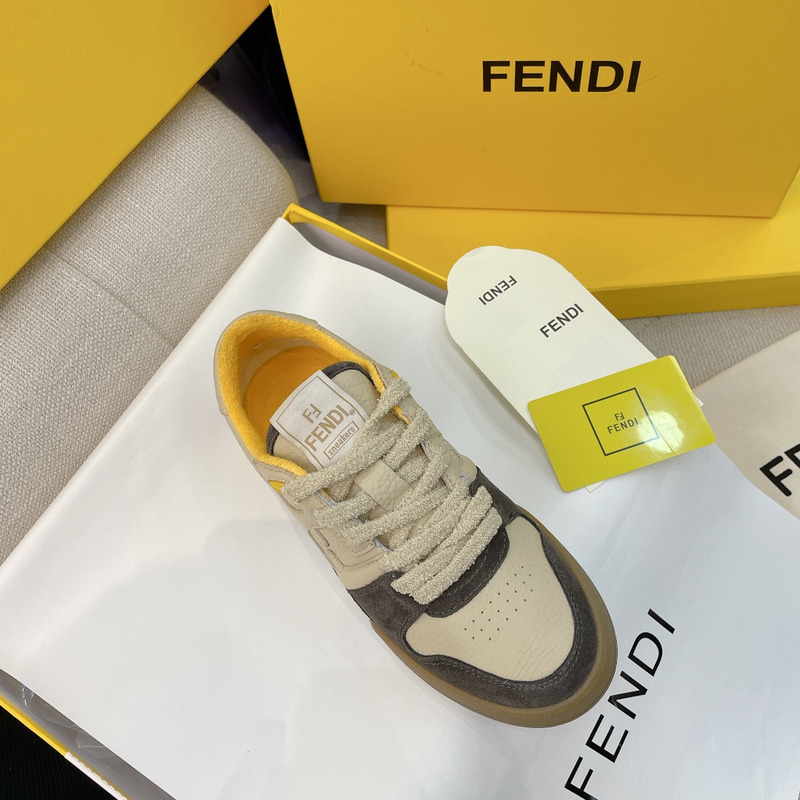 F**di calfskin suede F**di match low top sneakers dodo straw yellow
