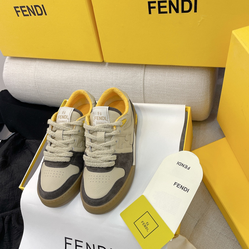 F**di calfskin suede F**di match low top sneakers dodo straw yellow