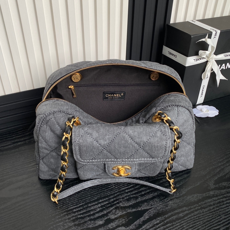 Ch*el large bowling bag denim & gold-tone metal grey