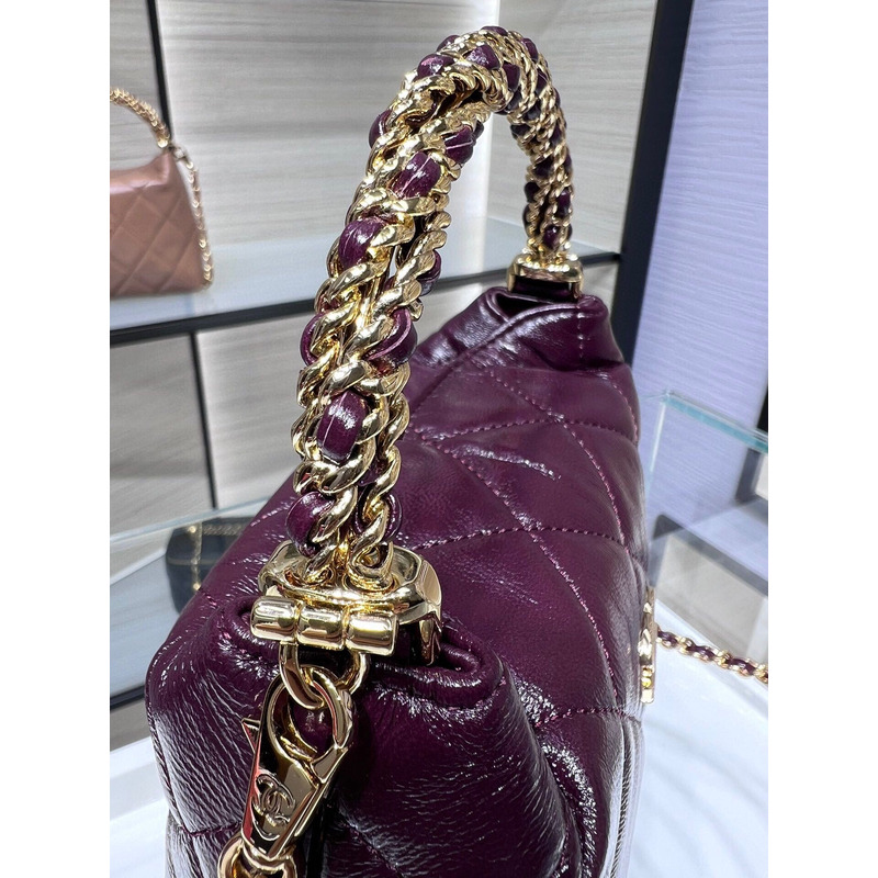 Ch*el clutch with chain shiny lambskin & gold-tone metal violet