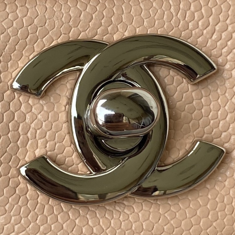 Ch*el medium caviar silver classic flap bag nude