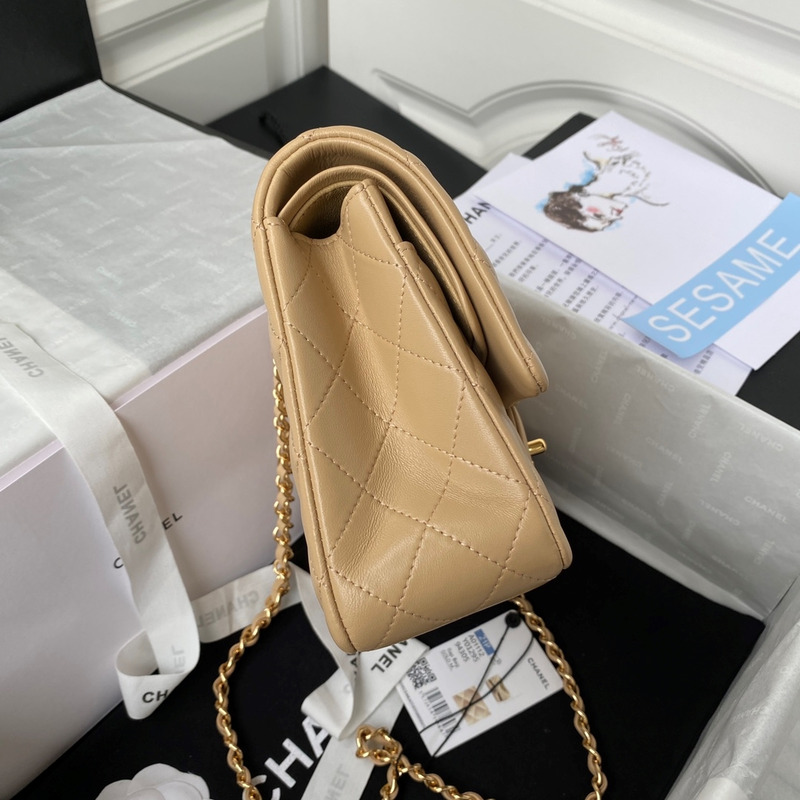 Ch*el medium lambskin gold classic flap bag beige
