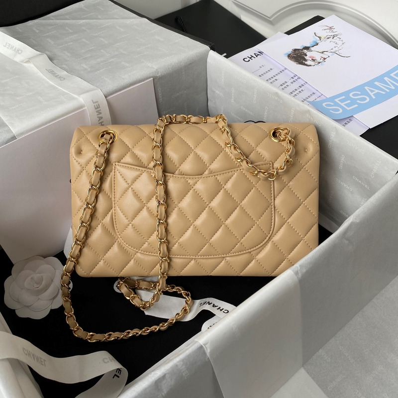 Ch*el medium lambskin gold classic flap bag beige