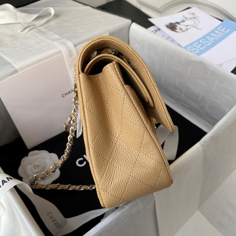 Ch*el medium caviar silver classic flap bag beige