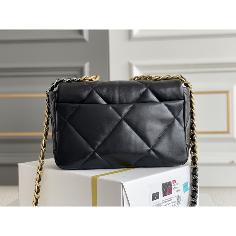Ch*el 19 handbag shiny lambskin gold-tone black