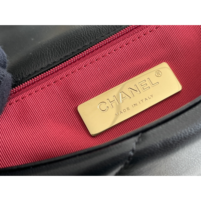 Ch*el 19 handbag shiny lambskin gold-tone black