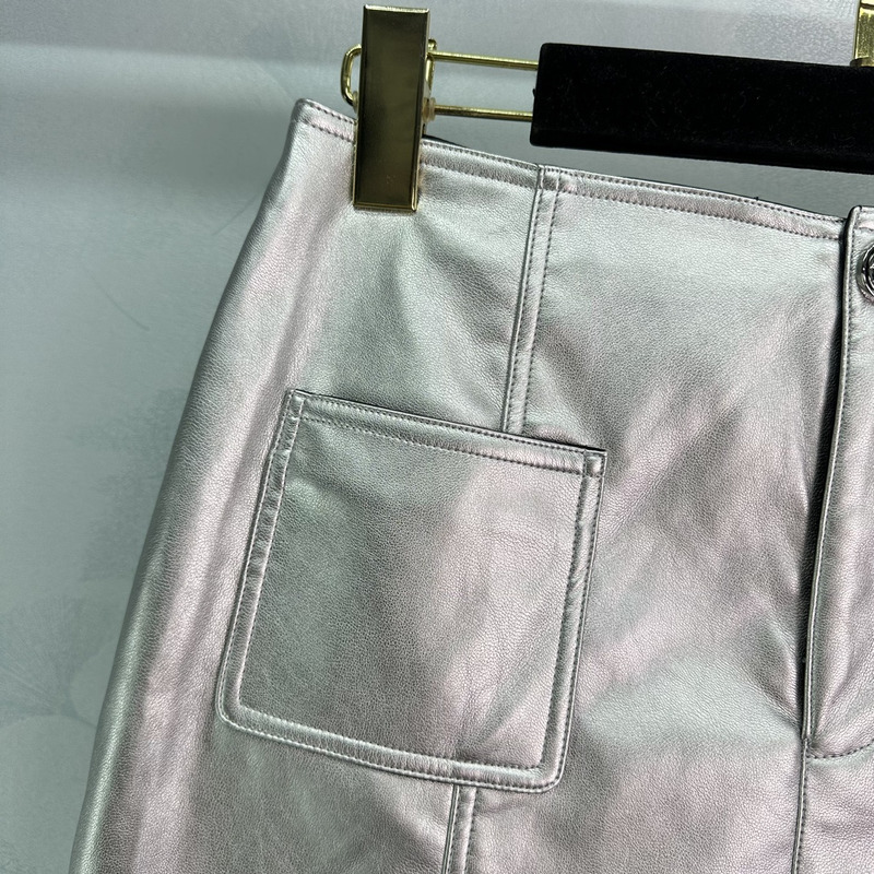 Ch*el skirt metallic lambskin silver