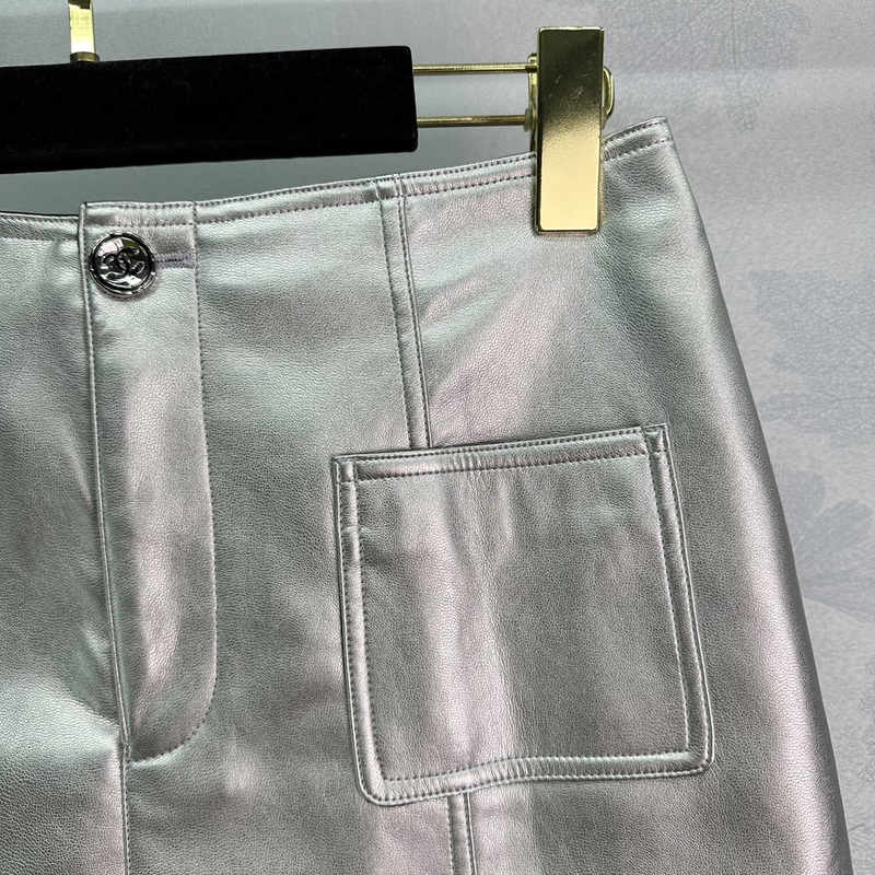 Ch*el skirt metallic lambskin silver
