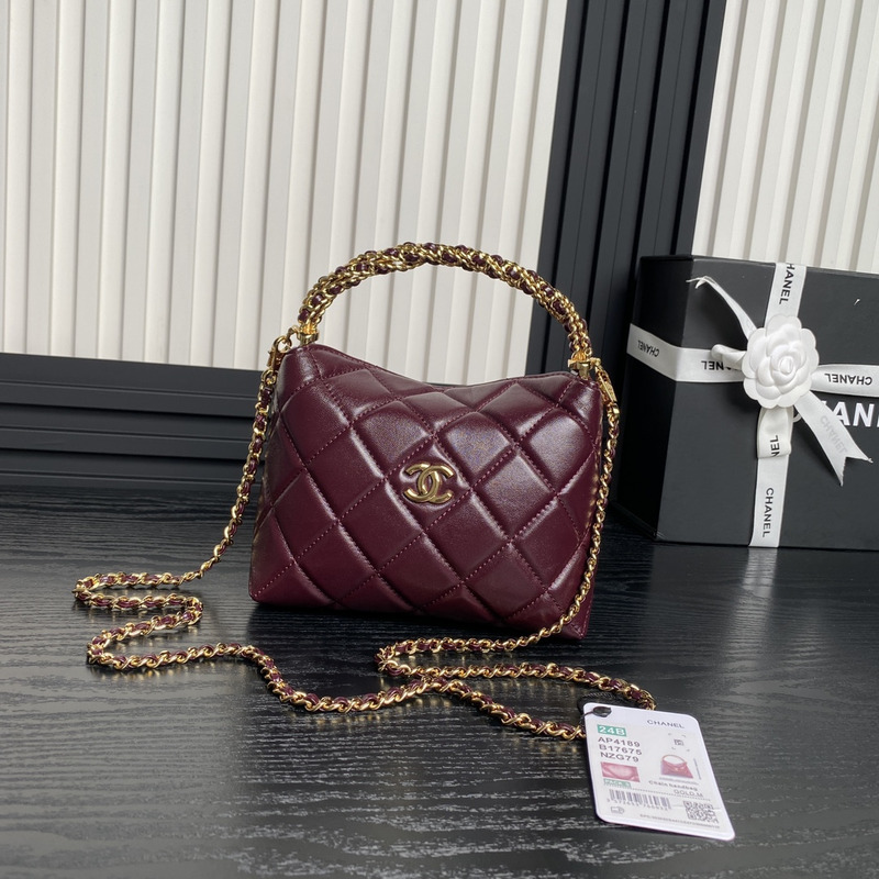 Ch*el clutch with chain shiny lambskin & gold-tone metal burgundy