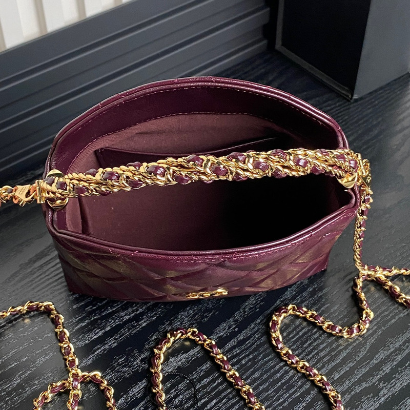 Ch*el clutch with chain shiny lambskin & gold-tone metal burgundy