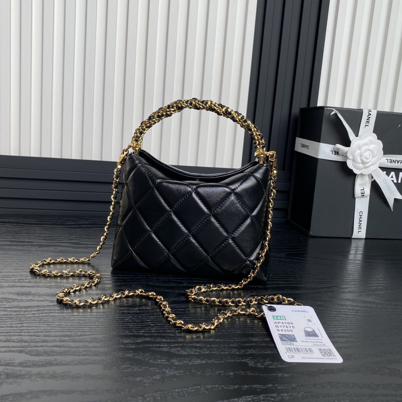 Ch*el clutch with chain shiny lambskin & gold-tone metal in black