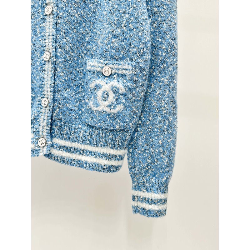 Ch*el logo long sleeve cardigan sweater in blue