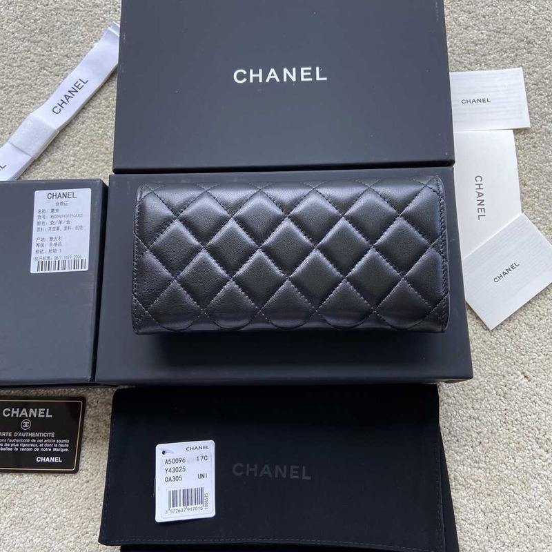 Ch*el quilted leather long wallet black