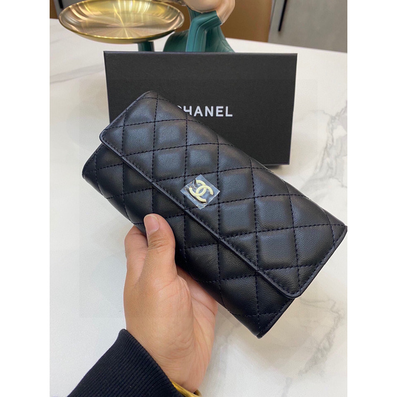 Ch*el quilted leather long wallet black