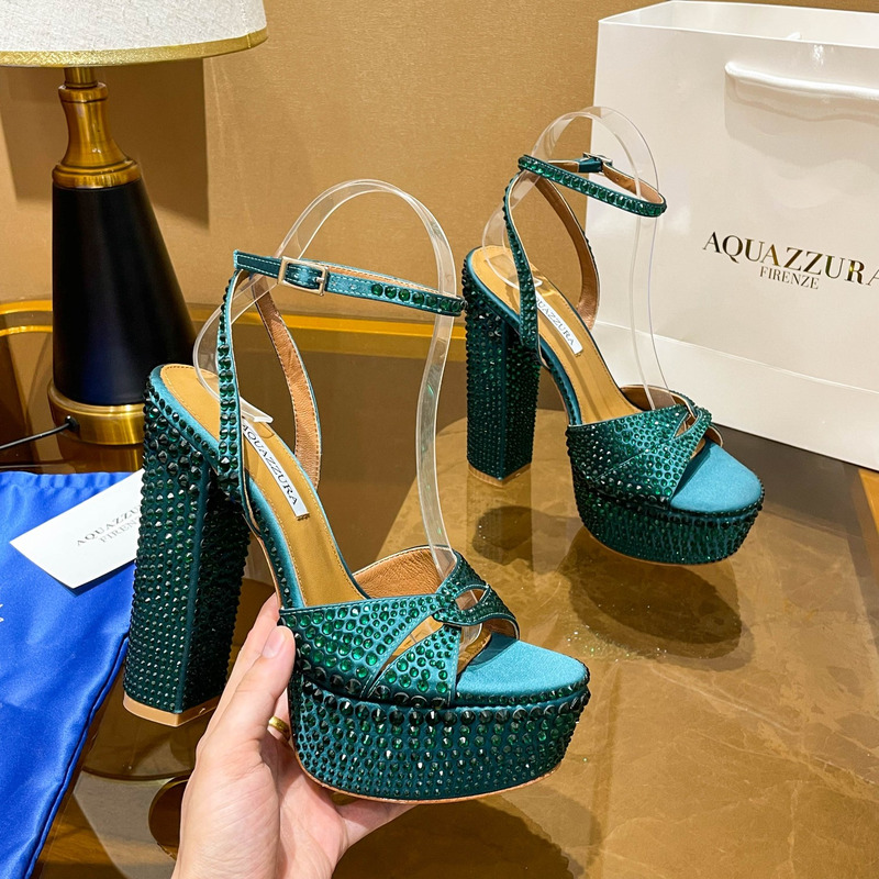 Aquazzura Sinner Crystal Plateau Satin Sandals Green