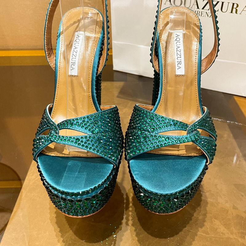 Aquazzura Sinner Crystal Plateau Satin Sandals Green