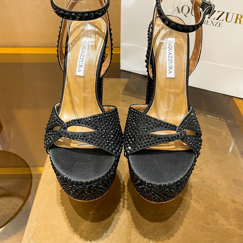 Aquazzura Sinner Crystal Plateau Satin Sandals Black