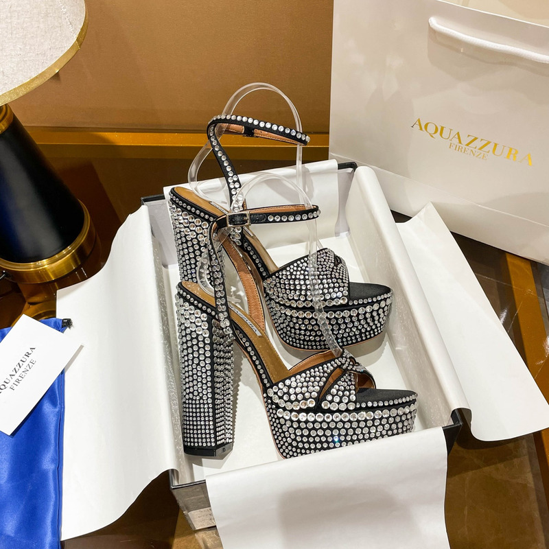 Aquazzura Sinner Crystal Plateau Satin Sandals Black