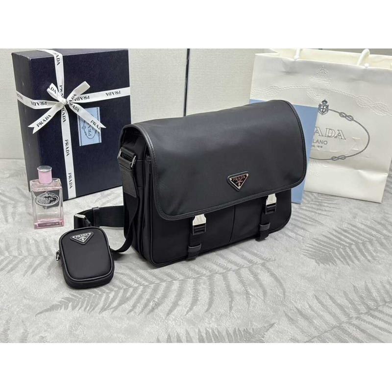 Pra*a re-nylon and saffiano leather shoulder bag black