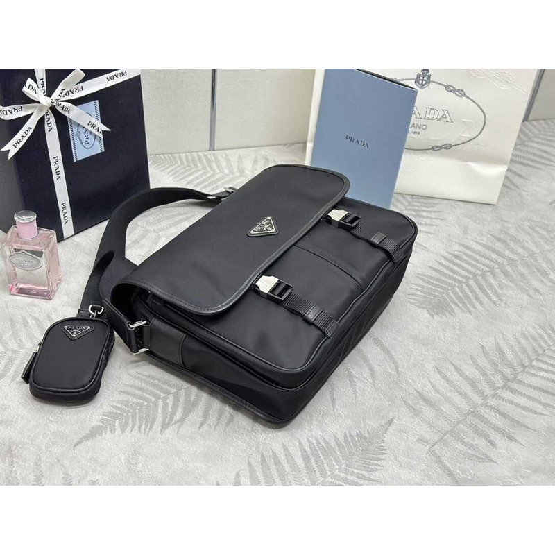 Pra*a re-nylon and saffiano leather shoulder bag black