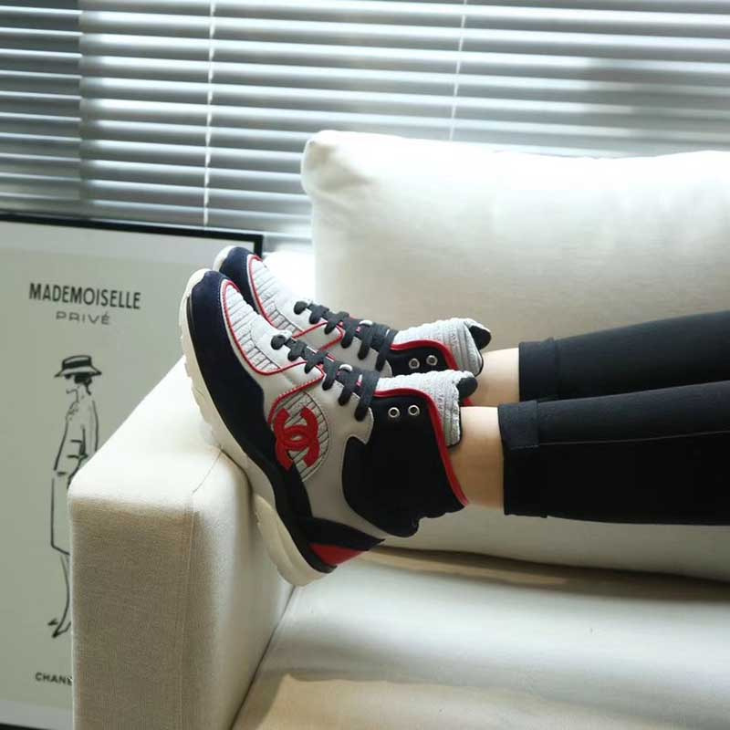 Ch*el red logo satin high top sneakers in grey