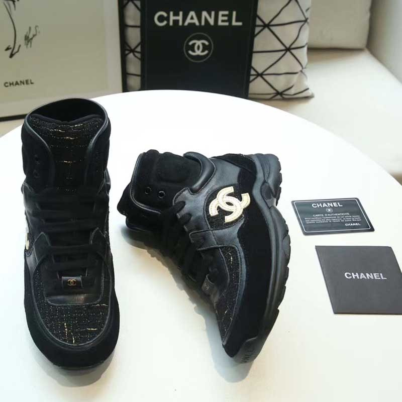 Ch*el gold logo satin high top sneakers in black