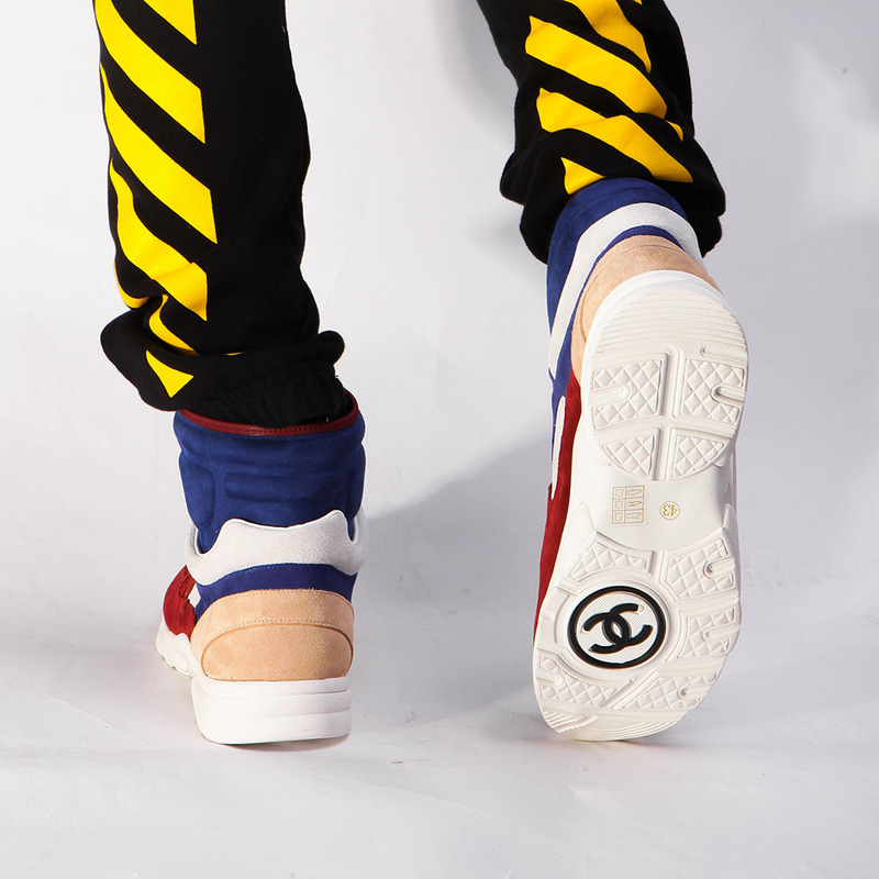Ch*el calfskin & velvet high top sneaker in blue&red